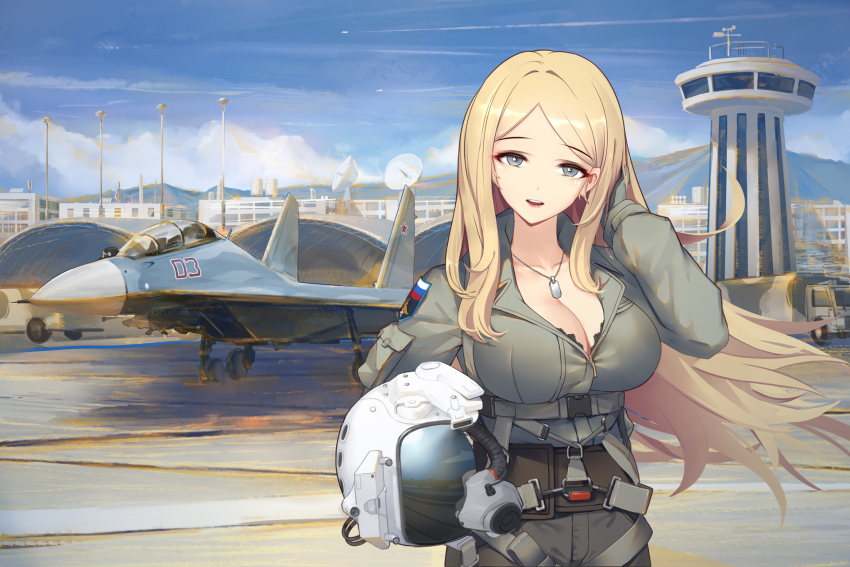 1girl adjusting_hair air_supreriority_fighter aircraft airplane black_bra blonde_hair blue_eyes blue_sky bra breasts building cleavage commentary_request contrail dog_tags fighter_aircraft fighter_jet flight_suit g-suit hangar harness helmet highres holding holding_helmet interdictor lace lace_bra large_breasts liu_lan long_hair looking_at_viewer military military_base military_truck military_uniform military_vehicle motor_vehicle multirole_combat_aircraft open_mouth original outdoors parted_bangs pilot pilot_helmet pilot_suit runway satellite_dish sky soldier standing su-30 truck underwear vehicle_focus