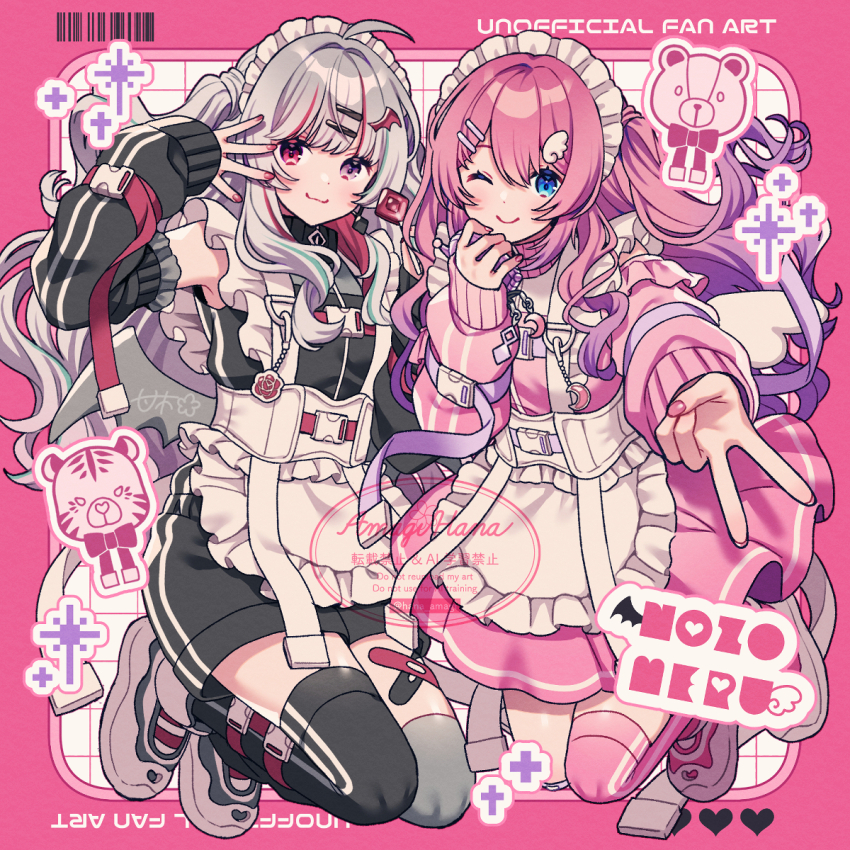 2girls ;) alternate_costume amagi_hana apron asymmetrical_legwear bandaid bandaid_on_knee bandaid_on_leg bare_shoulders black_dress black_thighhighs blue_eyes blush border closed_mouth commentary_request detached_sleeves dress enmaided frilled_apron frills full_body grey_hair grey_thighhighs grid_background hair_ornament hairclip hand_up heterochromia highres ishigami_nozomi kuramochi_meruto long_hair long_sleeves looking_at_viewer maid mismatched_legwear multiple_girls nail_polish nijisanji one_eye_closed outside_border outstretched_arm parallel_hairclips pink_border pink_hair pink_nails pink_thighhighs purple_eyes shoes single_thighhigh sleeveless sleeveless_dress smile thighhighs v virtual_youtuber watermark white_apron white_background white_shoes wing_hair_ornament