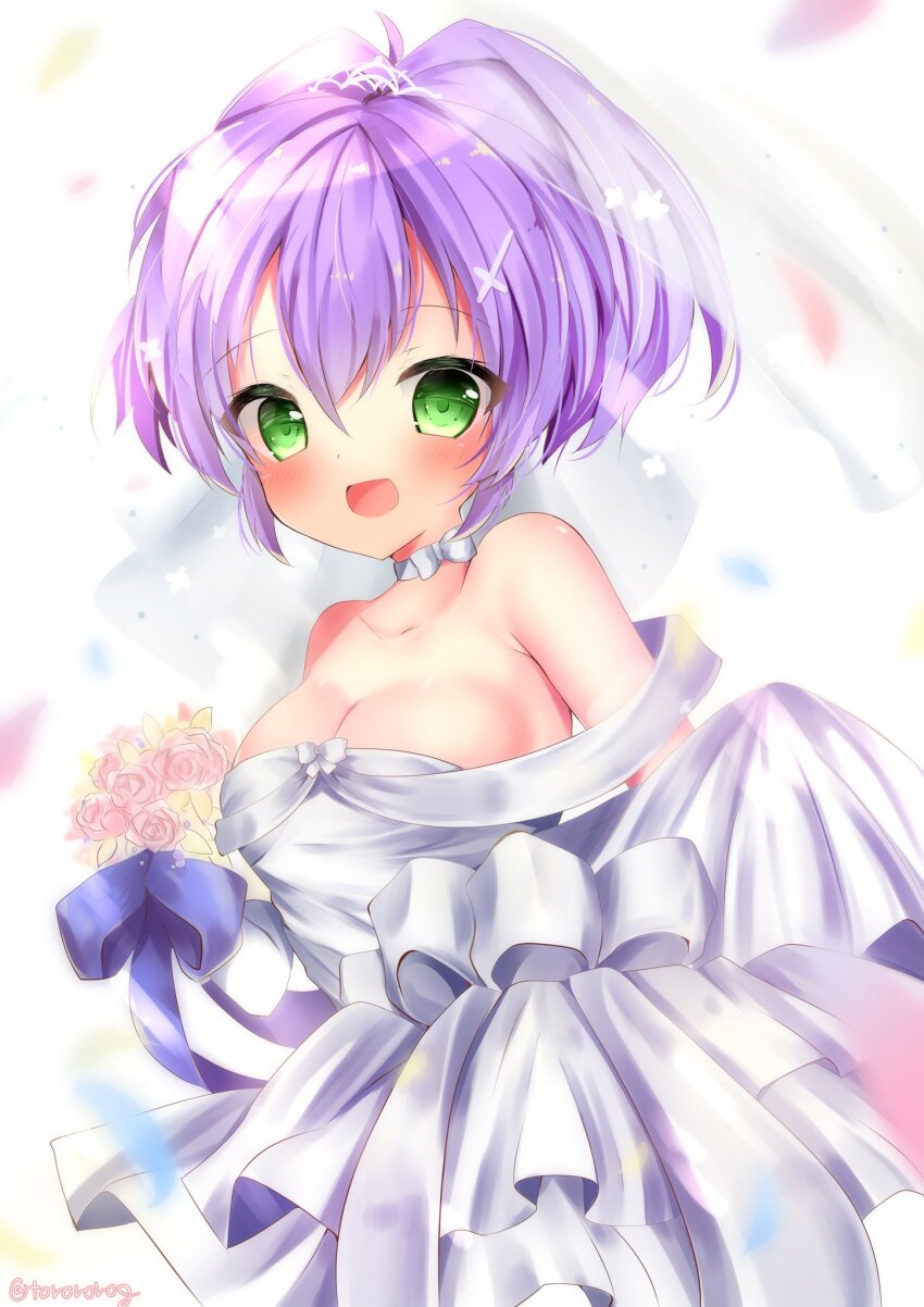 1girl azur_lane blush bouquet breasts choker dress flower frilled_dress frills green_eyes highres holding holding_bouquet javelin_(azur_lane) javelin_(blissful_purity)_(azur_lane) large_breasts looking_at_viewer magudara_naru medium_hair official_alternate_costume open_mouth purple_hair smile solo veil wedding_dress white_choker white_dress
