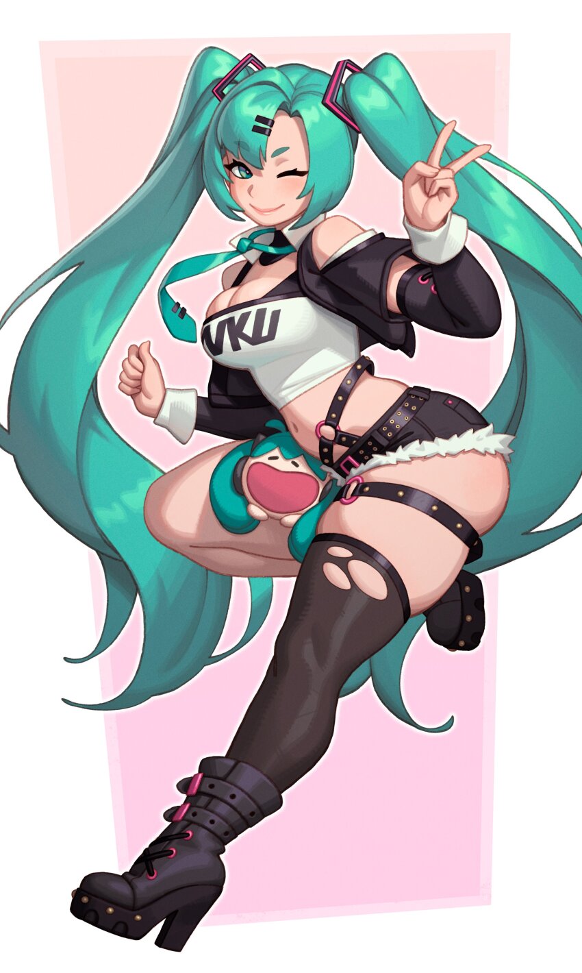 1girl absurdres aqua_hair aqua_necktie belt black_belt black_boots black_shorts black_thighhighs boots breasts closed_mouth commentary cosplay cutoffs english_commentary hair_ornament hairclip hatsune_miku high_heel_boots high_heels highres long_hair long_sleeves looking_at_viewer medium_breasts navel necktie nicole_demara nicole_demara_(cosplay) o-ring o-ring_thigh_strap one_eye_closed parted_bangs pink_background riz short_shorts shorts solo standing standing_on_one_leg thick_eyebrows thick_thighs thigh_strap thighhighs thighs torn_clothes torn_thighhighs twintails v very_long_hair vocaloid zenless_zone_zero