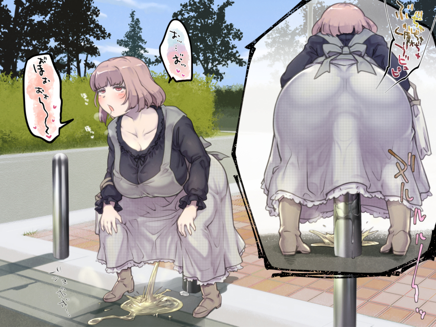 1girl anal anal_object_insertion ass black_shirt blunt_bangs blush bob_cut bollard boots breasts brown_hair curvy day female_masturbation full_body guard_rail hedge highres huge_ass large_breasts large_insertion long_sleeves masturbation multiple_views object_insertion open_mouth original outdoors pee peeing peeing_self plump public_indecency puddle red_eyes road shirt short_hair speech_bubble squatting stealth_masturbation street tail tetsuwan_woopie tree