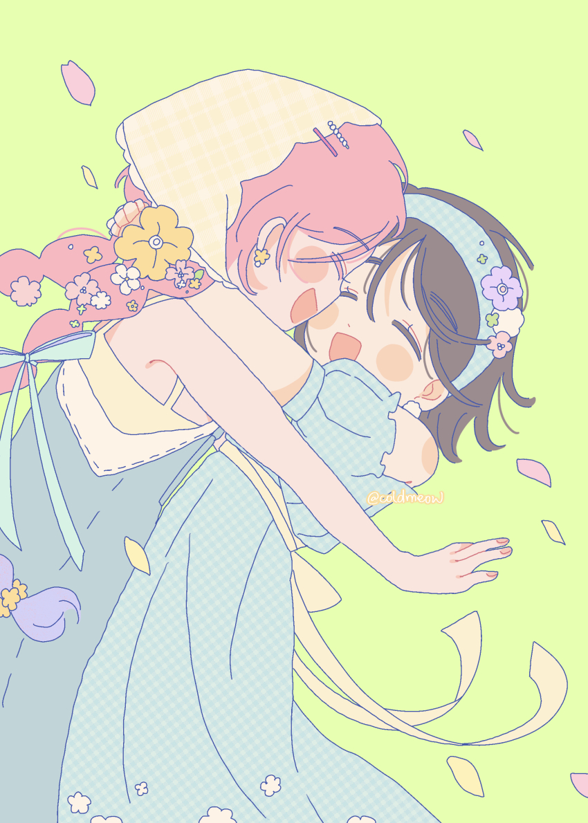 2girls absurdres alien_stage bandana black_hair blue_dress blue_hairband braid chinese_commentary closed_eyes coldmeow commentary_request dress gingham_dress gingham_hairband hair_ribbon hairband highres hug long_hair mizi_(alien_stage) multiple_girls open_mouth pink_hair ribbon short_hair signature smile sua_(alien_stage) twin_braids yellow_bandana