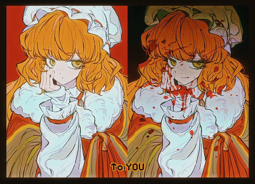 1girl anzekeye blood blood_on_clothes blood_on_face christmas_nightmare_(e.g.o) closed_mouth dot_mouth e.g.o_(project_moon) freckles frilled_shirt_collar frills fur_scarf hand_on_own_cheek hand_on_own_face hat highres ishmael_(project_moon) layered_sleeves limbus_company mob_cap multiple_views orange_eyes orange_hair project_moon shirt smile white_shirt