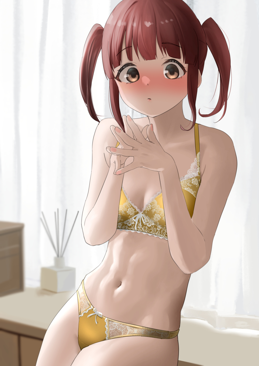 1girl abs absurdres blush bra breasts brown_hair cleavage collarbone commentary_request commission curtains hand_on_own_hip highres idolmaster idolmaster_cinderella_girls indoors lace lace-trimmed_bra lace-trimmed_panties lace_trim lingerie looking_at_viewer navel nose_blush ogata_chieri panties partial_commentary ribbon-trimmed_bra ribbon-trimmed_panties ribbon_trim sidelocks skeb_commission small_breasts solo steepled_fingers stomach tama_(tamago) thighs twintails underwear underwear_only yellow_bra yellow_panties