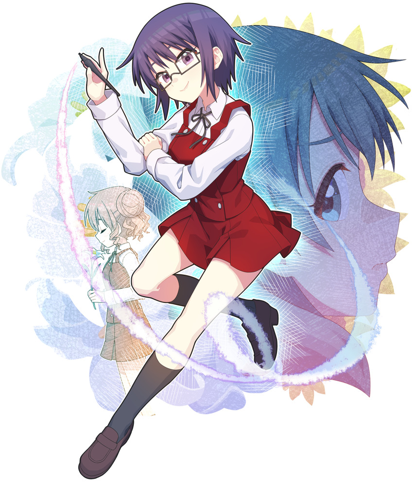 3girls black-framed_eyewear black_socks blue_eyes blue_hair brown_hair brown_shoes closed_eyes closed_mouth commission double_bun flower glasses green_eyes green_hair hair_bun hidamari_sketch highres hiro_(hidamari_sketch) holding holding_flower holding_stylus loafers long_sleeves multiple_girls natsume_(hidamari_sketch) pixiv_commission rectangular_eyewear sae_(hidamari_sketch) school_uniform shoes short_hair smile socks stylus transparent_background waste-man yamabuki_high_school_uniform