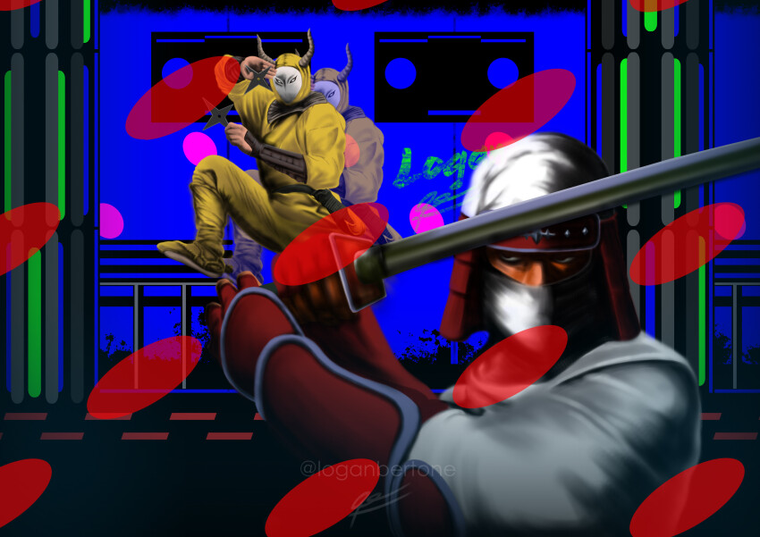 absurdres bar_(place) character_request commentary dance_floor disco door english_commentary faceplate fake_screenshot fighting_stance gameplay_mechanics highres horns joe_musashi jumping katana light logan-b24 mask ninja oni_horns oni_mask shinobi_(game) shuriken sword the_super_shinobi upper_body video_game weapon