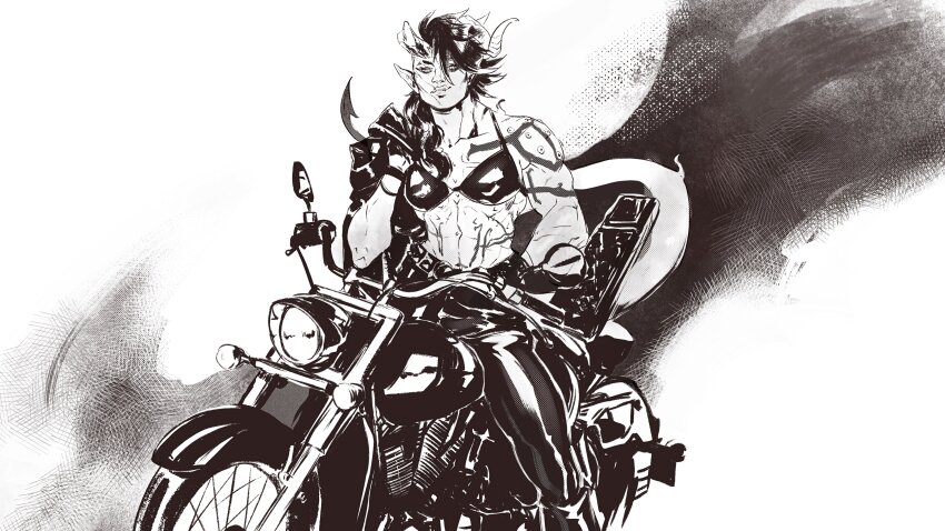 abs absurdres baldur&#039;s_gate baldur&#039;s_gate_3 bra caio_santos demon_girl demon_horns demon_tail gloves highres horns jacket jacket_on_shoulders karlach looking_at_viewer monochrome motor_vehicle motorcycle muscular muscular_female pointy_ears scar tail tiefling underwear