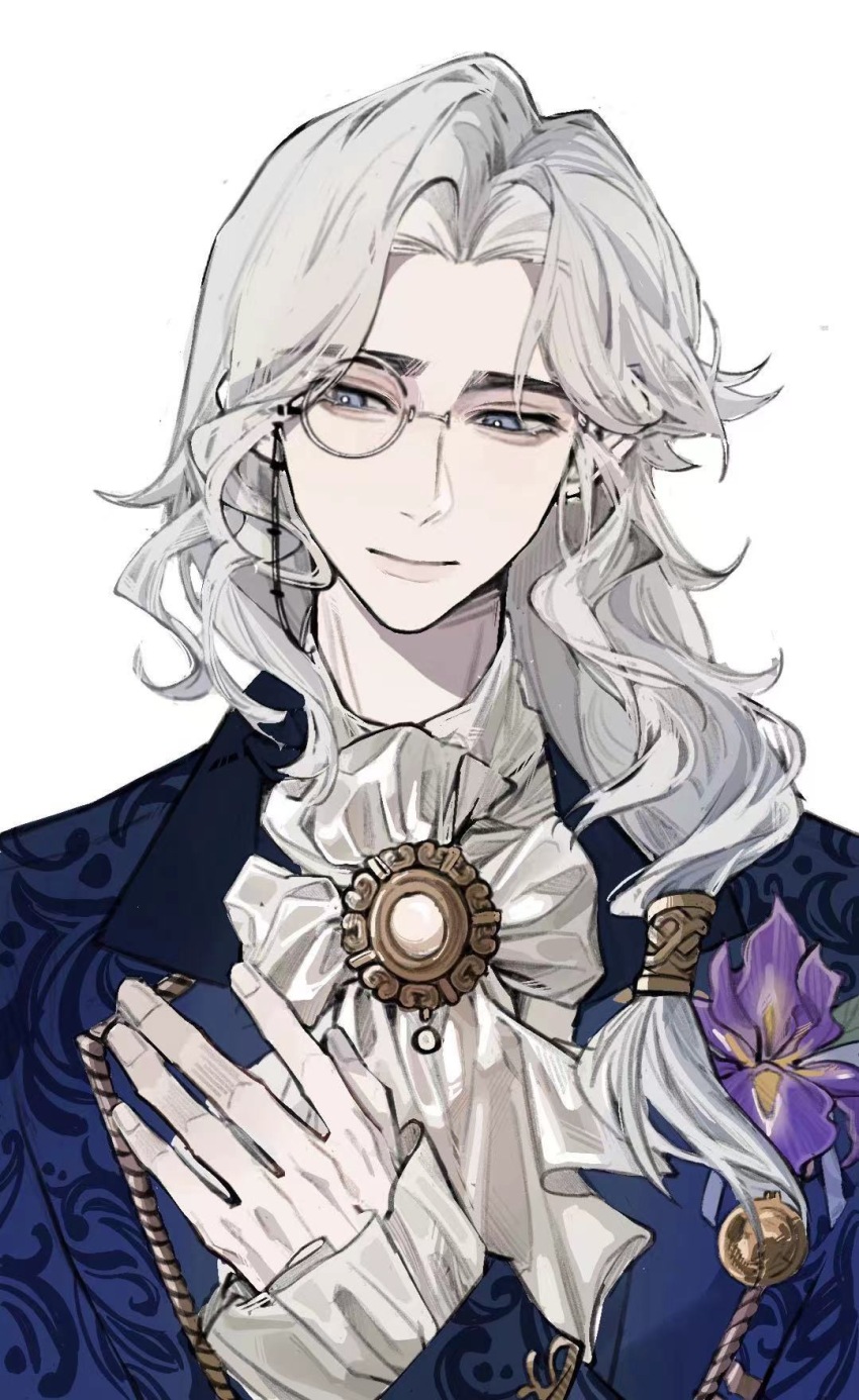 1boy alva_lorenz ascot brooch closed_mouth eyelashes fingernails flower flower_brooch gem grey_eyes grey_hair highres identity_v jewelry lapels light_smile lips long_hair long_sleeves looking_to_the_side male_focus monocle parted_bangs purple_flower solo upper_body white_ascot white_background white_gemstone xiao_chanmao_ban_fan_fan