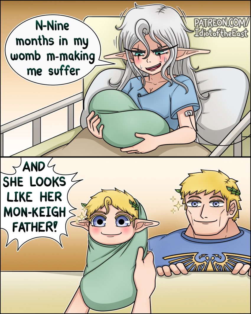 1boy 2girls absurdres and_he_looks_like_his_stupid_dad_(meme) bed blonde_hair blue_eyes blush commentary english_commentary english_text father_and_daughter grey_hair highres hospital_bed hospital_gown idiot_of_the_east intravenous_drip laurel_crown meme mother_and_daughter multiple_girls pointy_ears roboute_guilliman smile speech_bubble sweat warhammer_40k yvraine