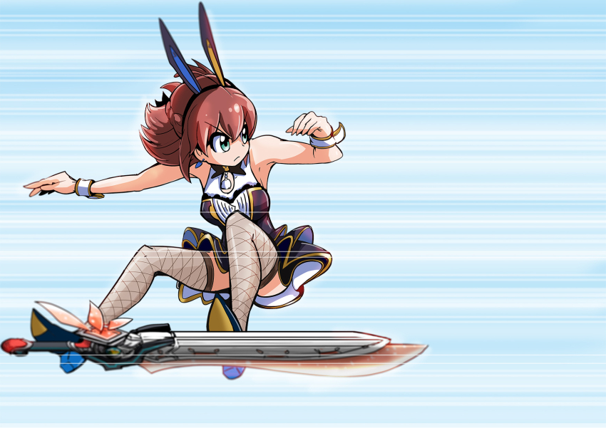 1girl animal_ear_hairband animal_ears battle_girl_high_school brown_hair closed_mouth daicon_iv earrings fake_animal_ears fishnet_thighhighs fishnets green_eyes hair_between_eyes hairband high_heels highres hoshitsuki_miki jewelry kou_excite looking_to_the_side motion_lines parody rabbit_ear_hairband rabbit_ears short_hair solo standing_on_weapon sword_surfing thighhighs wrist_cuffs