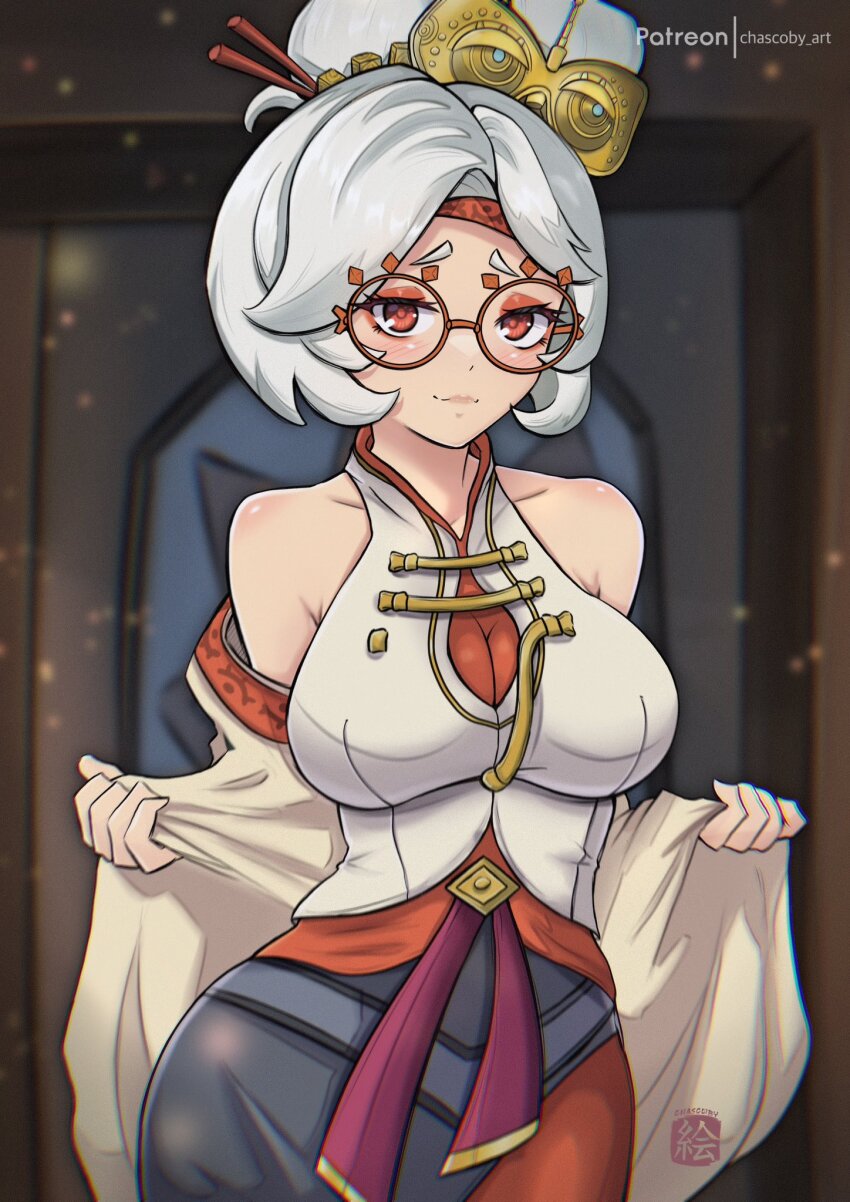 1girl artist_name bare_shoulders bodysuit bodysuit_under_clothes breasts brown_coat chascoby closed_mouth coat collarbone commentary cowboy_shot eyeshadow glasses goggles goggles_on_head hair_ornament hair_stick headband highres large_breasts looking_at_viewer makeup mixed-language_commentary nintendo off_shoulder patreon_username purah red-framed_eyewear red_bodysuit red_eyes red_eyeshadow red_headband round_eyewear sheikah shirt short_hair sleeveless sleeveless_shirt solo standing the_legend_of_zelda the_legend_of_zelda:_tears_of_the_kingdom white_hair