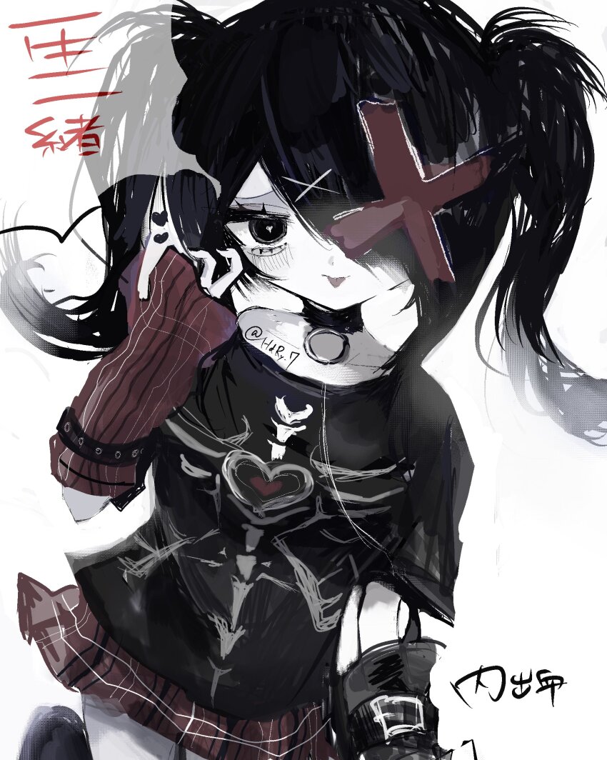 1girl absurdres aegyo_sal ame-chan_(emo)_(needy_girl_overdose) ame-chan_(needy_girl_overdose) arm_belt arm_garter black_arm_warmers black_hair black_sweater choker claw_pose cowboy_shot hair_ornament heart heart-shaped_pupils highres looking_at_viewer naishukketsukata needy_girl_overdose oversized_clothes plaid_arm_warmers plaid_clothes plaid_skirt red_x short_twintails skeleton_print skirt solo sweater symbol-shaped_pupils tongue tongue_out twintails x_hair_ornament