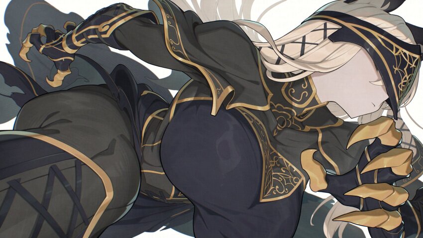 1girl arm_at_side black_boots black_gloves black_pants blonde_hair blurry boots borrowed_character breasts closed_mouth colored_skin commission covered_eyes depth_of_field dynamic_pose elbow_gloves facing_ahead fake_claws gloves gold_trim grey_skin hair_between_eyes hair_ornament hand_up hata4564 highres huge_breasts lace-up_boots long_hair mandarin_collar original pants sideways skeb_commission solo straight_hair x_hair_ornament