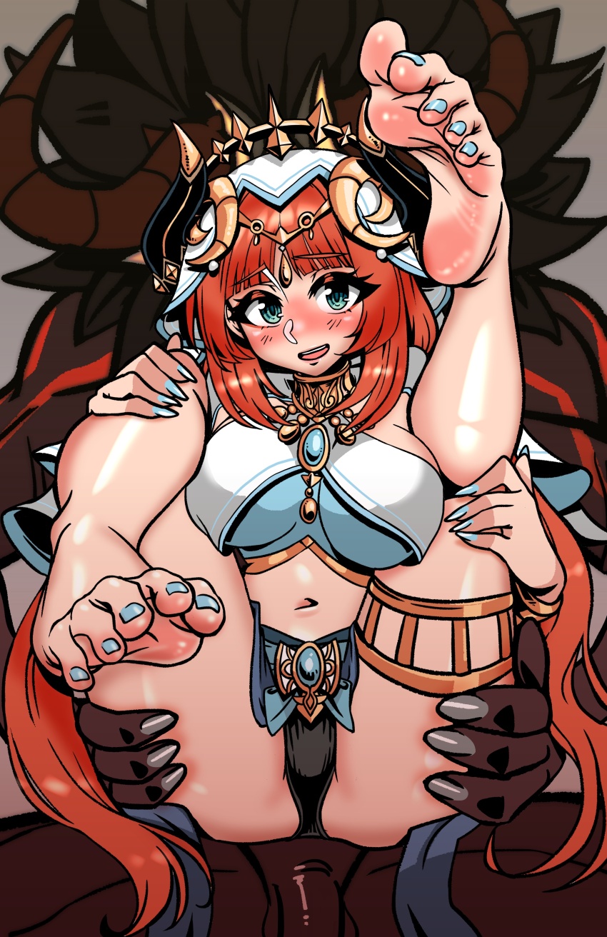 1boy 1girl absurdres alternate_breast_size aqua_eyes barefoot black_horns black_panties blue_brooch blue_nails blush breasts brooch chinese_commentary commentary_request crop_top fake_horns feet ga320aaa genshin_impact gold_trim grabbing_another&#039;s_thighs hand_on_own_leg hand_on_own_thigh harem_outfit hetero highres hilichurl_(genshin_impact) horns interspecies jewelry large_breasts long_hair looking_at_viewer low_twintails navel nilou_(genshin_impact) open_mouth panties red_hair smile thighlet twintails underwear veil white_veil