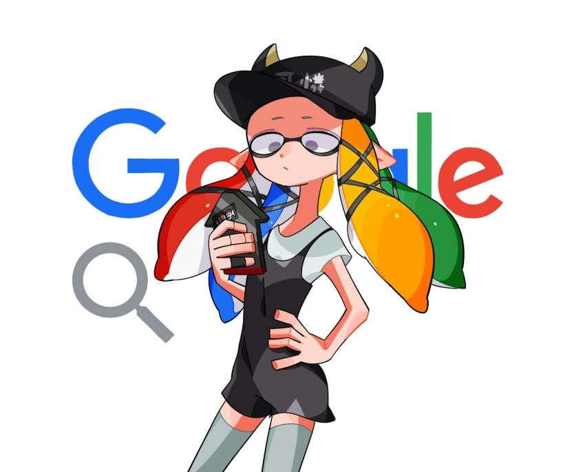 1girl black_hat blonde_hair blue_hair cowboy_shot domino_mask google green_hair grey_eyes grey_thighhighs hand_on_own_hip hat holding holding_phone kanianoreki long_hair mask multicolored_hair nintendo phone pointy_ears red_hair solo splatoon_(series) splatoon_2 tentacle_hair thighhighs yoko_(splatoon)