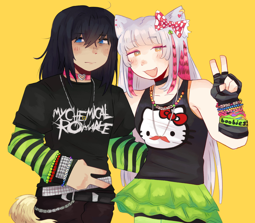 1boy 1girl :d :| absurdres animal_ears bare_shoulders belt black_choker black_hair black_shirt blue_eyes blush bow bracelet cat_ears cat_girl choker closed_mouth cowboy_shot eyeshadow fang fingerless_gloves gloves green_skirt grey_hair hair_bow hello_kitty hello_kitty_(character) highres hoshizora_lone jewelry long_hair looking_at_viewer looking_to_the_side loose_hair_strand m_(xenoblade) makeup my_chemical_romance n_(xenoblade) necklace open_mouth pink_choker pink_eyeshadow raccoon_tails_(hairstyle) sanrio scene_fashion shirt simple_background skirt sleeveless sleeveless_shirt smile striped_clothes studded_belt tank_top v xenoblade_chronicles_(series) xenoblade_chronicles_3 yellow_background yellow_eyes