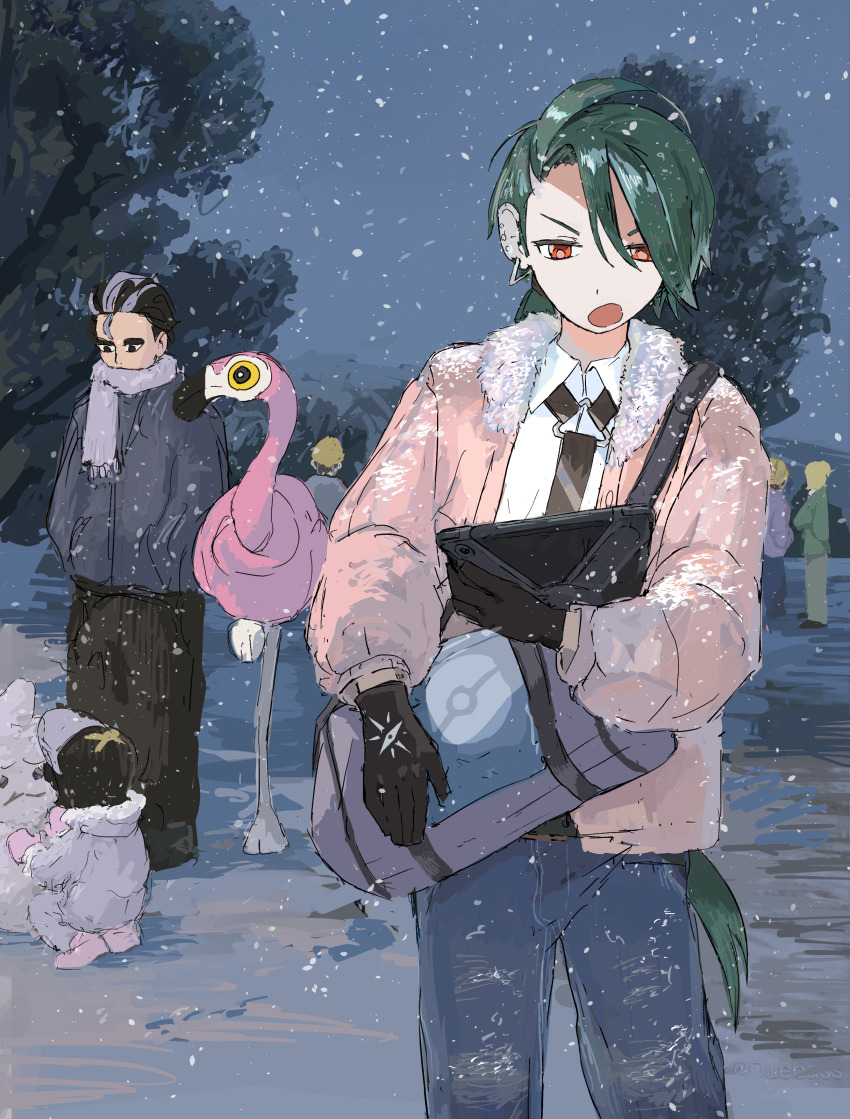 2girls 4boys :o absurdres ahoge alternate_costume bag black_gloves bright_pupils collared_shirt commentary_request flamigo gloves green_hair grey_bag hair_between_eyes hassel_(pokemon) highres jacket keina_(ke1na_h) larry_(pokemon) long_hair long_sleeves looking_down multiple_boys multiple_girls necktie nintendo open_mouth outdoors pants pokemon pokemon_sv poppy_(pokemon) rika_(pokemon) shirt sky snow_sculpture snowing squatting standing white_shirt