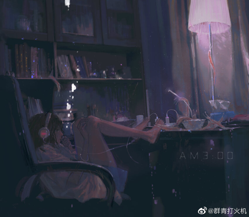 1girl air_bubble bare_legs barefoot blue_shorts book bookshelf bowl brown_hair bubble chair chinese_commentary commentary_request covering_own_mouth curtains dark feet_on_table from_side headphones indoors lamp leaning_back listening_to_music medium_hair night on_chair original pink_robe qunqing123 robe shorts sitting solo timestamp