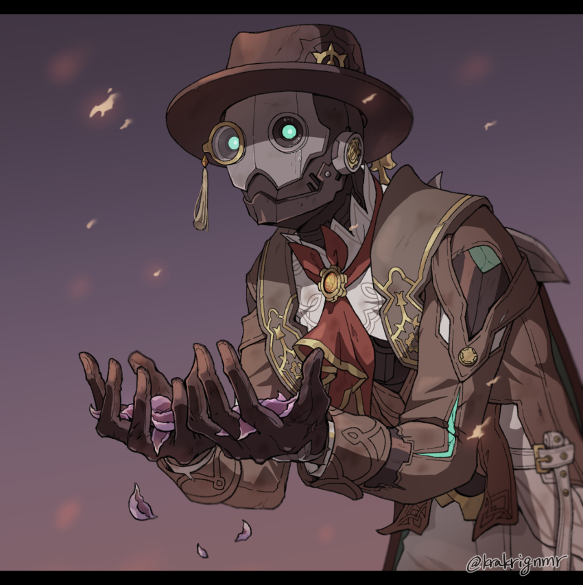 1boy aqua_eyes artist_name ascot brooch brown_coat brown_gloves brown_hat brown_vest coat commentary_request fedora gloves hat highres honkai:_star_rail honkai_(series) humanoid_robot jewelry krakrignmr leaning_forward letterboxed long_sleeves male_focus monocle pants petals red_ascot robot screwllum_(honkai:_star_rail) shirt sleeve_cuffs solo standing tassel twitter_username vest white_pants