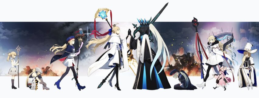 3girls aesc_(fate) aesc_(rain_witch)_(fate) aesc_(savior)_(fate) ahoge armor armored_dress artoria_caster_(fate) artoria_caster_(first_ascension)_(fate) artoria_caster_(second_ascension)_(fate) artoria_caster_(third_ascension)_(fate) artoria_pendragon_(fate) baggy_clothes baggy_pants belt beret black_bow black_dress black_gloves blonde_hair blue_belt blue_boots blue_bow blue_cape blue_capelet blue_choker blue_cloak blue_eyes blue_hat blue_ribbon boots bow braid breastplate breasts button_eyes buttons cape capelet choker cloak closed_eyes coat crown diamond_hairband dress facial_mark fate/grand_order fate_(series) fire forehead_mark fur-trimmed_capelet fur_trim glasses gloves green_eyes grey_hair grey_hat habetrot_(fate) hair_between_eyes hair_bow hat high_heels holding holding_staff hood hooded_cape igote jacket kneeling large_breasts long_hair long_sleeves marmyadose_(fate) mirror_twins morgan_le_fay_(fate) multicolored_cape multicolored_capelet multicolored_cloak multicolored_ribbon multiple_girls ninjin_(ne_f_g_o) o-ring o-ring_belt pants pantyhose pink_coat pink_hair pink_hat pink_jacket pointy_ears ponytail red_brooch ribbon robe round_eyewear sidelocks smile spiked_armor staff striped_belt twintails two-tone_dress two-tone_sleeves very_long_hair white_cloak white_dress white_robe wide_brim witch_hat