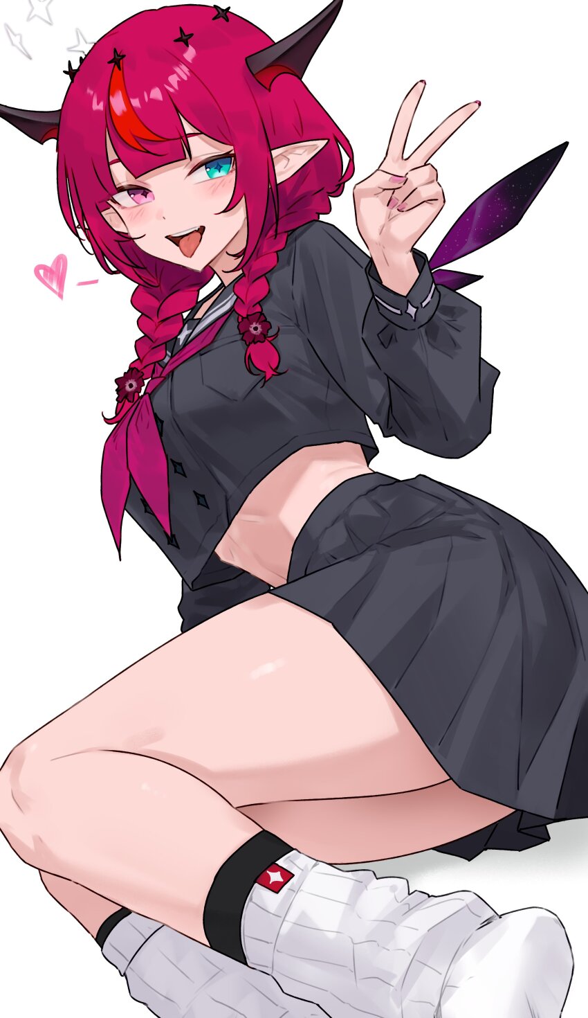 1girl :p absurdres black_sailor_collar black_serafuku black_shirt black_skirt blue_eyes bluefield braid buttons center-flap_bangs commentary cropped_shirt crystal_wings detached_wings double-breasted double-parted_bangs double_halo flower hair_flower hair_ornament hair_over_shoulder halo heart heterochromia high-waist_skirt highres hololive hololive_english horns irys_(gaming_casual)_(hololive) irys_(hololive) legs long_hair long_sleeves looking_at_viewer loose_socks low_twin_braids mini_wings miniskirt multicolored_hair nail_polish neckerchief no_shoes official_alternate_costume official_alternate_hairstyle pink_eyes pink_nails pleated_skirt pointy_ears purple_hair red_hair red_neckerchief ribbed_socks sailor_collar school_uniform serafuku shirt skirt socks solo star-shaped_pupils star_(symbol) star_halo streaked_hair symbol-shaped_pupils tongue tongue_out twin_braids v virtual_youtuber white_socks wings