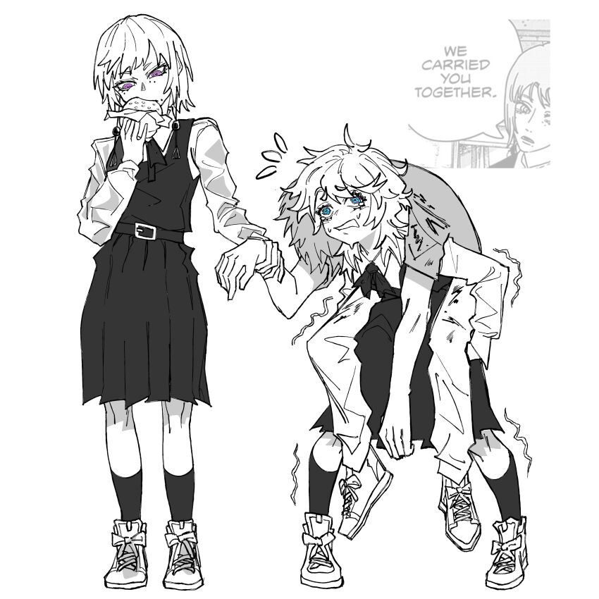 1boy 2girls absurdres blue_eyes burger chainsaw_man collared_shirt comic_panel_inset denji_(chainsaw_man) dress earrings eating fami_(chainsaw_man) famine_devil_(chainsaw_man) food fourth_east_high_school_uniform highres holding holding_burger holding_food jewelry kneehighs kwadarth long_sleeves medium_hair multiple_girls pants pinafore_dress purple_eyes school_uniform shirt short_sleeves sleeveless sleeveless_dress socks spot_color