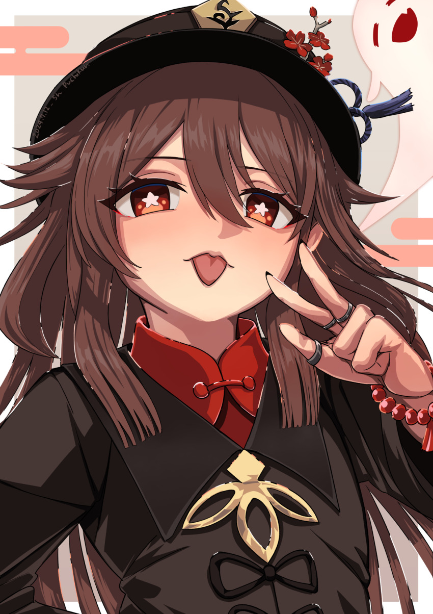 1girl bead_bracelet beads black_hat black_shirt boo_tao_(genshin_impact) border bracelet brown_hair commentary_request egasumi flower-shaped_pupils genshin_impact ghost grey_background hair_between_eyes hat highres hu_tao_(genshin_impact) jewelry long_hair multiple_rings outside_border puchikun red_eyes ring shirt solo symbol-shaped_pupils tongue tongue_out upper_body w white_border