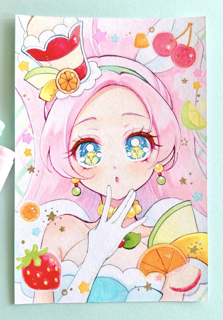 1girl absurdres apple art_tools_in_frame banana bare_shoulders blue_dress blue_eyes cherry choker cure_parfait dress earrings elbow_gloves eyelashes food food-themed_hair_ornament fruit gloves hair_ornament hairband high_ponytail highres jewelry kashitani_futaba kirahoshi_ciel kirakira_precure_a_la_mode long_hair magical_girl melon orange_(fruit) pearl_choker pineapple pink_hair ponytail precure solo star_(symbol) star_in_eye strapless strapless_dress strawberry symbol_in_eye traditional_media upper_body white_gloves
