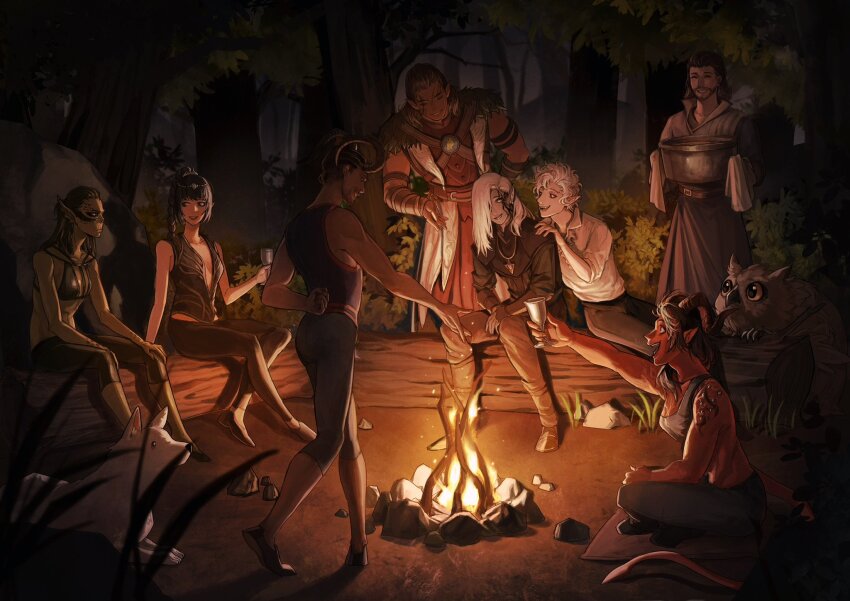 4boys 4girls ^_^ animal arm_behind_back astarion baldur&#039;s_gate baldur&#039;s_gate_3 beard black_eyes black_footwear black_hair black_pants black_vest braid braided_ponytail brown_robe campfire closed_eyes colored_skin cup demon_horns dog dungeons_&amp;_dragons earrings facial_hair forest full_body gale_(baldur&#039;s_gate) gith_(d&amp;d) green_skin halsin highres holding holding_cup horns jewelry karlach lae&#039;zel log long_hair multiple_boys multiple_girls nature necklace open_mouth outdoors owlbear pants profile red_skin robe shadowheart_(baldur&#039;s_gate) shirt shoes short_hair sitting sleeves_rolled_up smile standing tav_(baldur&#039;s_gate) tiefling tree tworain_w vest white_hair white_shirt wyll_(baldur&#039;s_gate)
