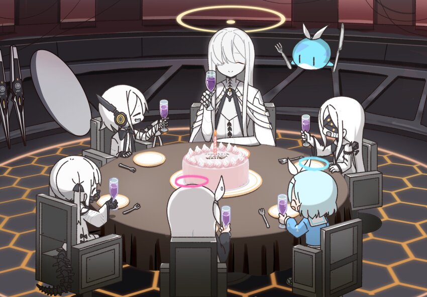 6+girls arona_(blue_archive) black_hairband blue_archive blue_hair champagne_flute colored_skin cup drinking_glass ein_(blue_archive) hair_over_one_eye hairband halo highres holding holding_cup long_hair malkuth_(blue_archive) mask multiple_girls ohr_(blue_archive) open_mouth plana_(blue_archive) respirator short_hair sof_(blue_archive) whale white_hair white_skin yukko_(hcryh955)