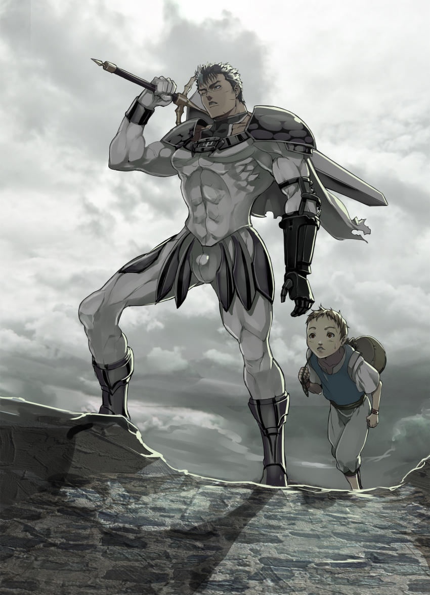 2boys abs armor berserk bulge claymore_(series) claymore_(sword) cloud cloudy_sky cosplay crossover guts_(berserk) hide_(hideout) highres isidro_(berserk) male_focus multiple_boys muscular one_eye_closed over_shoulder prosthesis raki_(claymore) scar shoulder_pads sky sword sword_over_shoulder weapon weapon_over_shoulder