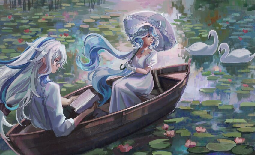 1boy 1girl absurdres bead_choker bird blue_eyes blue_gemstone blue_hair breasts canoe dress floating_hair flower furina_(genshin_impact) gem genshin_impact gloves highres holding holding_umbrella juliet_sleeves lake lankie lily_pad long_sleeves looking_to_the_side medium_breasts multicolored_hair neuvillette_(genshin_impact) outdoors parted_lips puffy_sleeves reading shirt streaked_hair swan two-tone_hair umbrella water_lily_flower white_dress white_gloves white_hair white_shirt white_umbrella