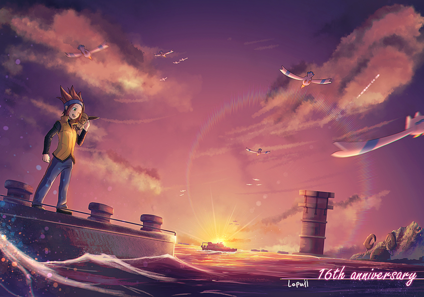1boy anniversary black_shirt blue_headband boat brown_hair cloud commentary eevee gen_1_pokemon gen_3_pokemon headband long_sleeves lopuii male_focus michael_(pokemon) nintendo on_shoulder one_eye_closed open_mouth outdoors pants pokemon pokemon_(creature) pokemon_on_shoulder pokemon_xd shirt shoes signature sky smile standing sun sunset twilight vest watercraft wingull yellow_vest