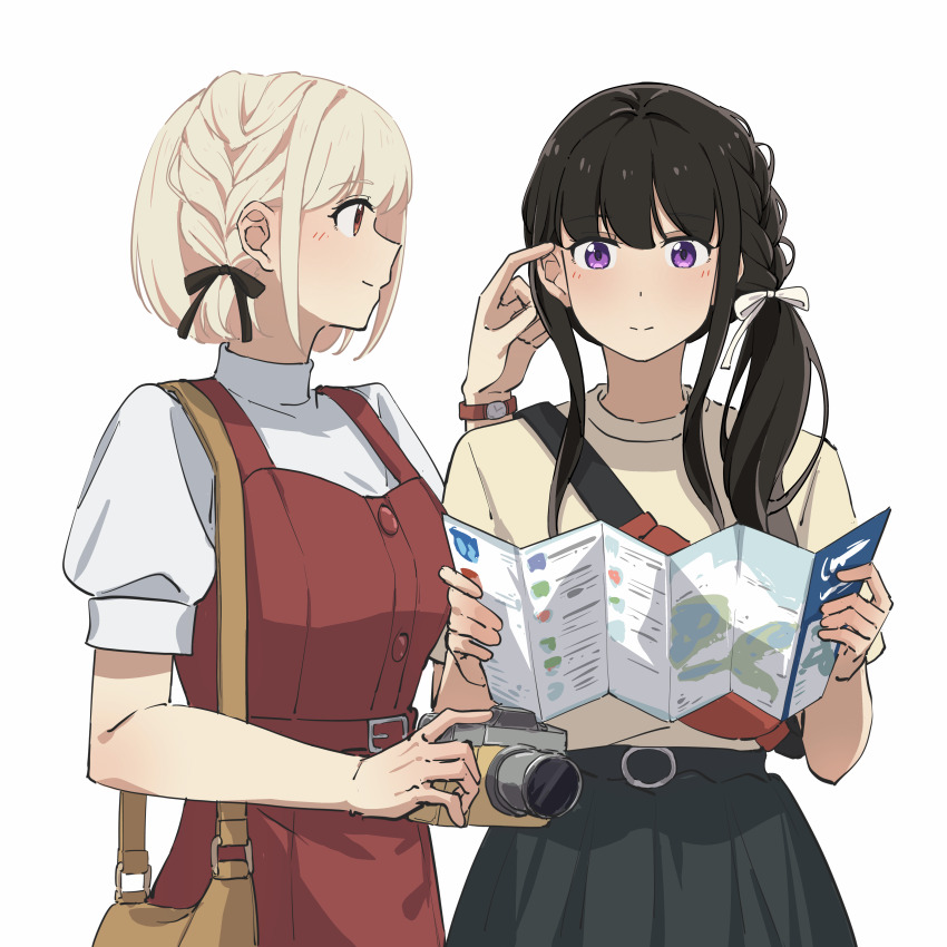 2girls absurdres bag belt belt_buckle black_hair black_ribbon black_skirt blonde_hair blush braid brown_bag brown_shirt buckle camera closed_mouth commentary dress fafayu hair_ribbon highres holding holding_camera inoue_takina long_hair lycoris_recoil multiple_girls nishikigi_chisato pinafore_dress puffy_short_sleeves puffy_sleeves purple_eyes red_belt red_dress red_eyes ribbon shirt short_hair short_sleeves shoulder_bag side_ponytail simple_background skirt sleeveless sleeveless_dress tucking_hair watch white_background white_ribbon white_shirt wristwatch