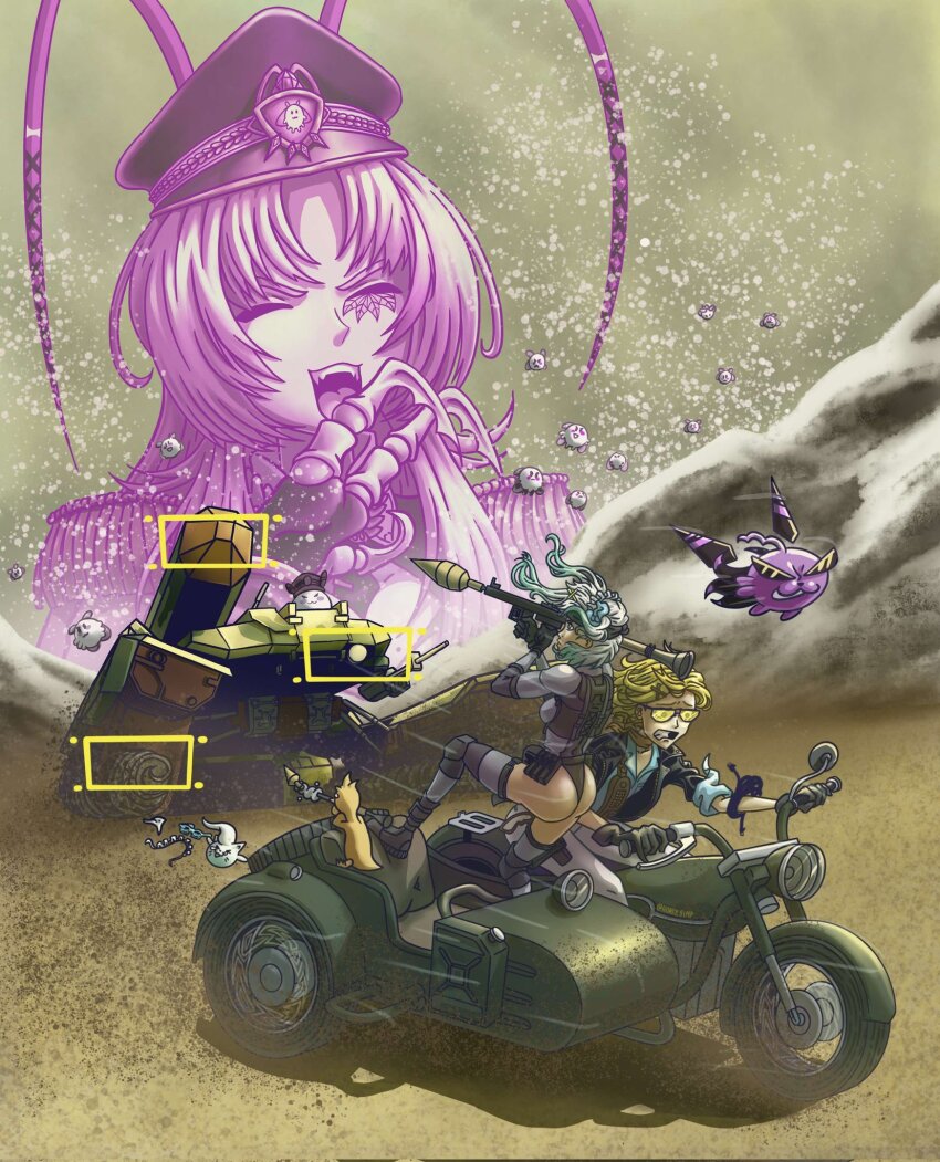 antennae aqua_hair ass blonde_hair character_request check_character cosplay day dirt dokibird_(vtuber) dokibird_(vtuber)_(bounty_hunter) dragoon_(dokibird) hat highres honey_simp indie_virtual_youtuber leotard long_hair matara_kan metal_gear_(series) metal_gear_solid_3:_snake_eater military_uniform mint_fantome motor_vehicle motorcycle naked_snake outdoors peaked_cap purple_hair rocket_launcher rpg rpg-7 rpg_(weapon) sand two_side_up virtual_youtuber vshojo weapon white_hair wisps_(mint_fantome)