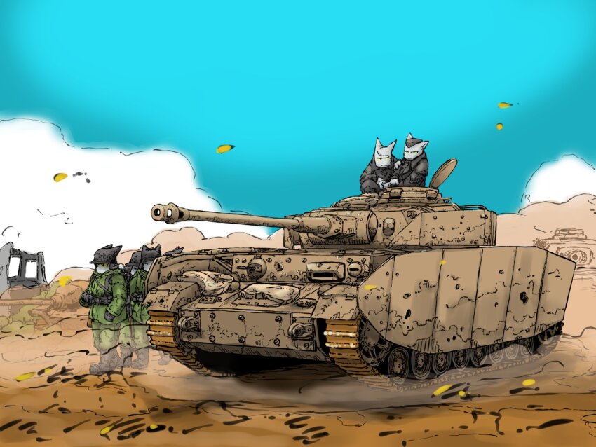 blue_sky cannon cloud combat_helmet gun helmet highres machine_gun military_uniform military_vehicle motor_vehicle original panzer_iv sky stahlhelm tank weapon yabarn