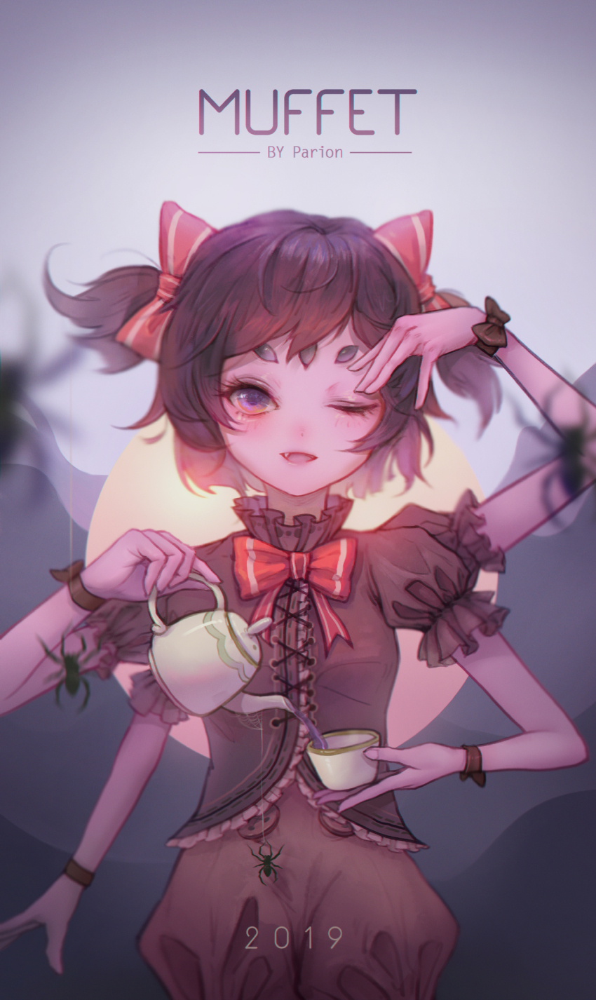 1girl 2019 :d absurdres arthropod_girl artist_name black_bow blurry blurry_foreground bow bowtie bug buttons character_name chinese_commentary circle colored_skin commentary_request cowboy_shot cross-laced_clothes cross-laced_top cup dated double-breasted extra_arms extra_eyes fang frilled_shirt_collar frilled_sleeves frills gradient_background hair_bow highres holding holding_cup holding_teapot insect_girl lace-up_top light_blush looking_at_viewer making-of_available muffet one_eye_closed open_mouth parion pink_skin pouring puffy_short_sleeves puffy_shorts puffy_sleeves purple_eyes red_bow red_bowtie shirt short_hair short_sleeves shorts smile solo spider spider_girl teacup teapot two_side_up undertale wrist_bow