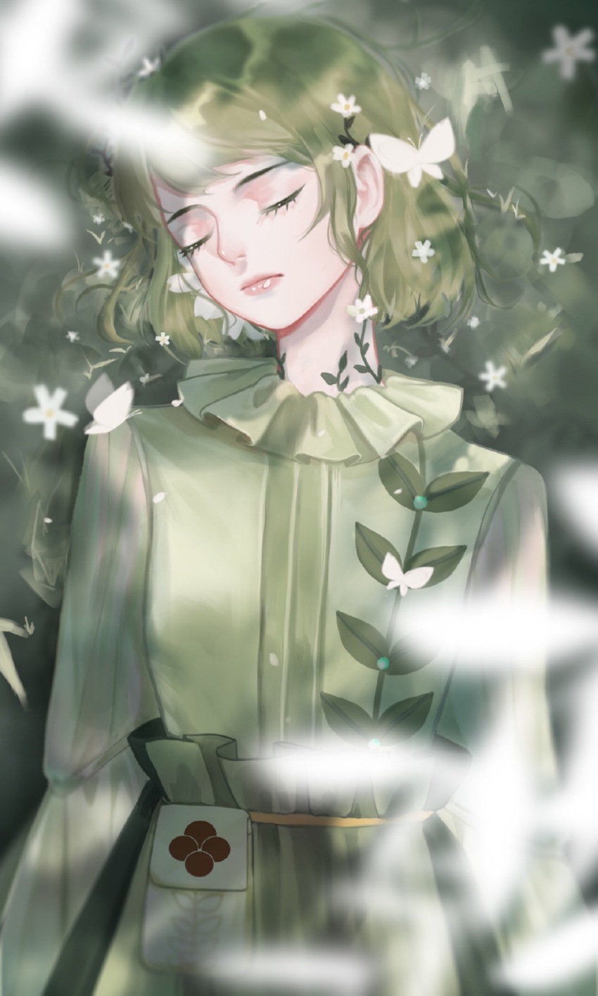1girl absurdres baixue_fuchunting belt_bag bug butterfly character_request chinese_commentary closed_eyes closed_mouth collared_shirt colored_eyelashes commentary cowboy_shot day expressionless flower forest frilled_shirt_collar frilled_skirt frills green_hair green_shirt green_skirt green_theme hair_flower hair_ornament head_tilt high-waist_skirt highres insect leaf_print leaf_tattoo long_sleeves nature neck_tattoo nikki_(series) outdoors petals pink_lips shining_nikki shirt short_hair skirt solo standing tattoo thick_lips waist_bag white_bag white_butterfly white_flower