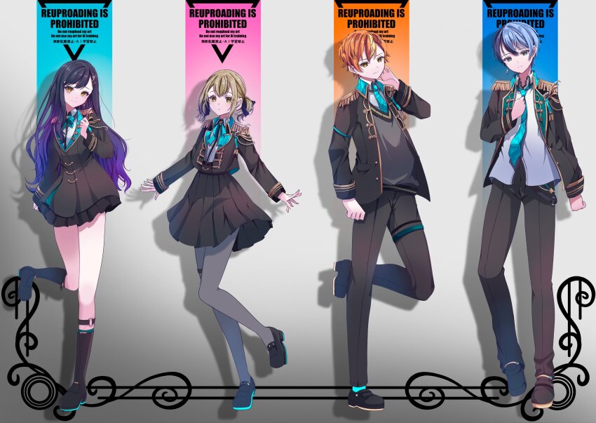 2boys 2girls absurdres aoyagi_touya azusawa_kohane black_hair black_jacket black_pants black_skirt blue_bow blue_eyes blue_hair blue_necktie bow bowtie brown_eyes brown_hair closed_mouth collared_shirt epaulettes full_body gradient_background gradient_hair hand_up highres jacket kneehighs loafers long_hair long_sleeves looking_at_viewer multicolored_hair multiple_boys multiple_girls necktie open_clothes open_jacket orange_hair pants pantyhose pleated_skirt project_sekai purple_hair ribbon rimu_1112 school_uniform shinonome_akito shiraishi_an shirt shoes short_hair skirt smile socks standing standing_on_one_leg white_shirt