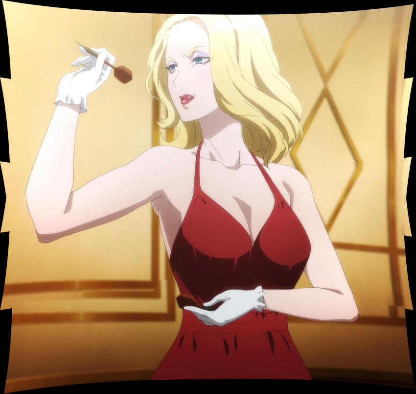 anime_screenshot blonde_hair blue_eyes breasts cleavage dart dress eyeshadow gloves highres large_breasts lipstick makeup medium_hair red_dress spy_kyoushitsu stitched third-party_edit
