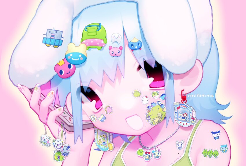 1girl animal_ears animal_hat blue_hair character_charm character_request charm_(object) cosplay decora earrings fake_animal_ears green_tank_top hat hello_kitty hello_kitty_(character) hello_kitty_(character)_(cosplay) highres holding holding_phone jewelry kuchipatchi looking_at_viewer mametchi memetchi necklace original phone pink_eyes rabbit_ears rabbit_hat rinihimme sanrio short_hair smile solo tamagotchi tamagotchi!_(anime) tamagotchi_(classic) tamagotchi_(virtual_pet) tamagotchi_plus tamagotchi_honto_no_hanashi tamagotchi_sei tamagotchi_uni tank_top upper_body usahana usahana_(cosplay) virtual_pet_(toy)