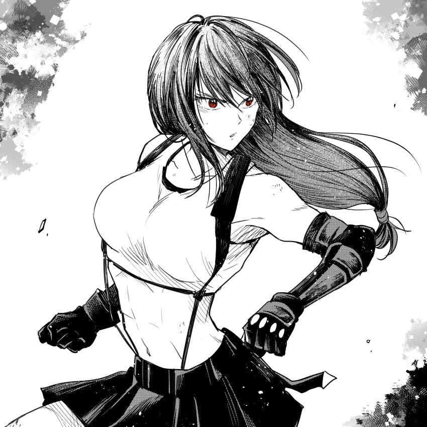 1girl absurdres bare_shoulders black_bra black_gloves black_hair black_skirt bra breasts clenched_hands cowboy_shot crop_top elbow_gloves final_fantasy final_fantasy_vii final_fantasy_vii_remake fingerless_gloves gloves greyscale hair_between_eyes highres kudou_makoto large_breasts long_hair low-tied_long_hair midriff miniskirt monochrome navel parted_lips pleated_skirt red_eyes shirt skirt sleeveless sleeveless_shirt solo sports_bra spot_color suspenders tifa_lockhart underwear white_shirt