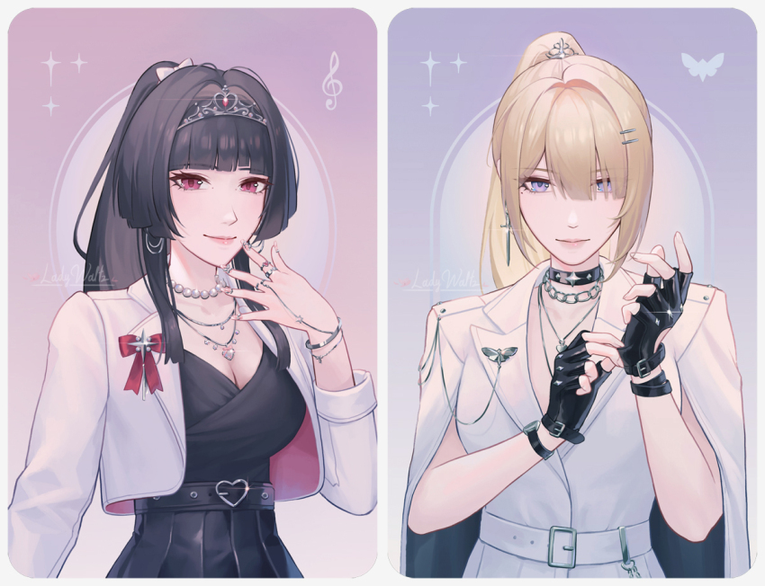 2girls adjusting_clothes adjusting_gloves alternate_costume astra_yao bead_necklace beads black_choker black_dress black_gloves black_hair black_skirt blonde_hair breasts chain chain_necklace choker cleavage closed_mouth collarbone commentary dress english_commentary evelyn_chevalier fingerless_gloves gloves hand_up heart heart_necklace implied_yuri jacket jewelry ladywaltz large_breasts long_hair looking_at_viewer multiple_girls necklace pink_eyes ponytail purple_eyes skirt smile upper_body white_jacket white_tiara zenless_zone_zero