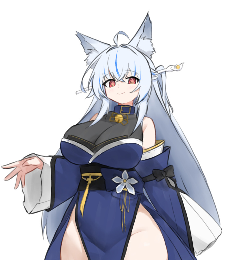 1girl ahoge animal_ear_fluff animal_ears bare_shoulders bell blue_choker blue_kimono breasts choker cleavage closed_mouth commission cowboy_shot d5y0m detached_sleeves fox_ears hair_ornament hairpin half_updo highres japanese_clothes jingle_bell kimono large_breasts long_hair long_sleeves looking_at_viewer multicolored_hair no_panties obi original pelvic_curtain red_eyes sash see-through_cleavage see-through_clothes shirt simple_background sleeveless sleeveless_shirt smile solo star-shaped_pupils star_(symbol) streaked_hair symbol-shaped_pupils very_long_hair white_background white_hair wide_sleeves