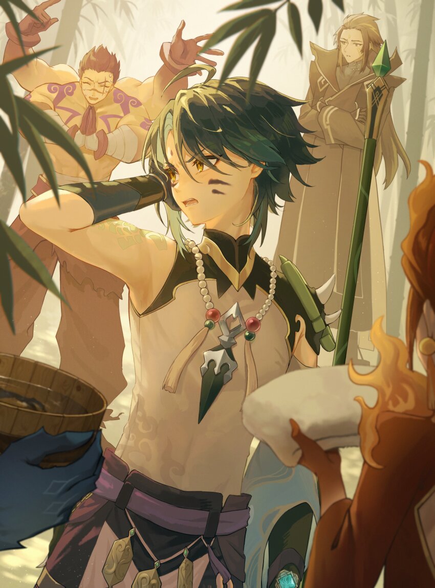 2girls 3boys absurdres ahoge angry arm_tattoo arm_up arms_up asymmetrical_clothes asymmetrical_gloves bamboo bamboo_forest bandaged_arm bandages bead_necklace beads black_gloves bloom bonanus_(genshin_impact) bosacius_(genshin_impact) branch brown_coat brown_hair bucket closed_eyes coat commentary_request crossed_arms detached_sleeves earrings extra_arms eyeshadow facepaint facial_mark fiery_hair fire forehead_mark forest genshin_impact gloves green_gloves green_hair hair_between_eyes highres holding holding_bucket holding_towel indarias_(genshin_impact) jacket jewelry long_hair long_sleeves makeup male_focus menogias_(genshin_impact) mimoza_(mmmimoza_5) mismatched_gloves multicolored_hair multiple_boys multiple_girls nature necklace open_mouth own_hands_together pants parted_bangs parted_lips pelvic_curtain planted polearm primordial_jade_winged-spear_(genshin_impact) purple_hair purple_pants purple_ribbon red_eyeshadow red_hair red_jacket ribbon scar scar_across_eye scar_on_face shirt short_hair shoulder_spikes sidelocks single_detached_sleeve sleeveless sleeveless_shirt smile spikes standing streaked_hair sweat tassel tassel_earrings tattoo teeth topless_male towel v-shaped_eyebrows vision_(genshin_impact) water weapon white_shirt wide_sleeves wooden_bucket xiao_(genshin_impact) yellow_eyes