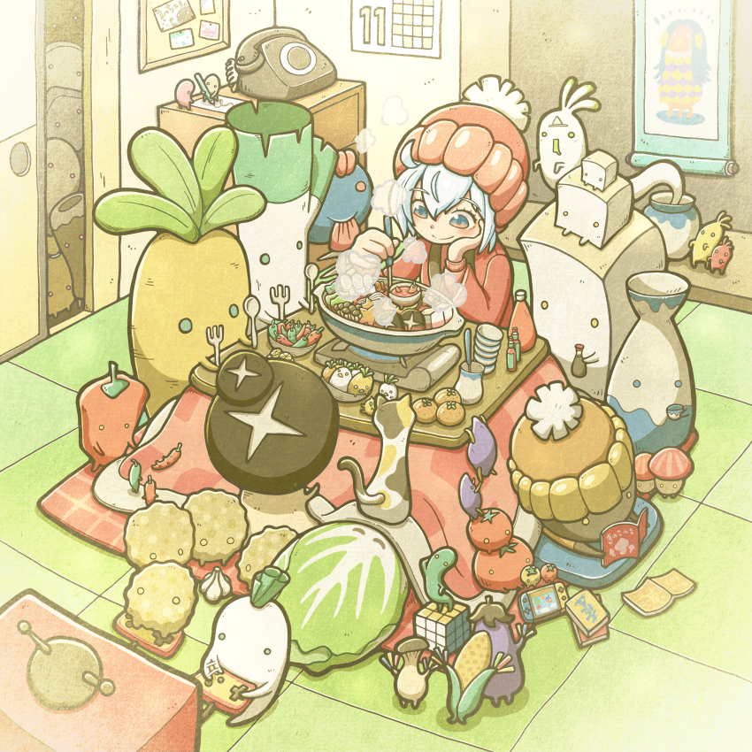 1girl 6+others absurdres amabie blue_eyes blue_hair book calendar_(object) cat controller corn cup eggplant food food_request fork fruit game_controller handheld_game_console hat highres holding holding_cup kotatsu labor_day living_food mandarin_orange multiple_others nabe original phone pillow rubik&#039;s_cube smile soy_sauce_bottle spoon sweet_potato table television tofu tomato triangular_headpiece tti_design