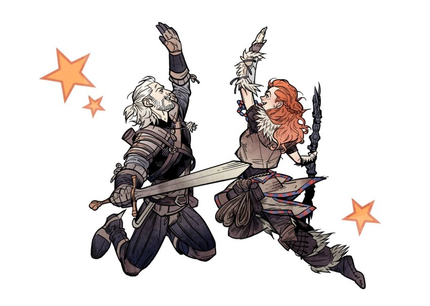 1boy 1girl aloy_(horizon) armor belt brown_belt brown_gloves crossover fingerless_gloves full_body geralt_of_rivia gloves high_five holding holding_sword holding_weapon horizon_(video_game) horizon_zero_dawn jumping long_hair medium_hair official_art orange_hair simple_background sword the_witcher_(series) the_witcher_3 weapon white_background white_hair witcher_medallion