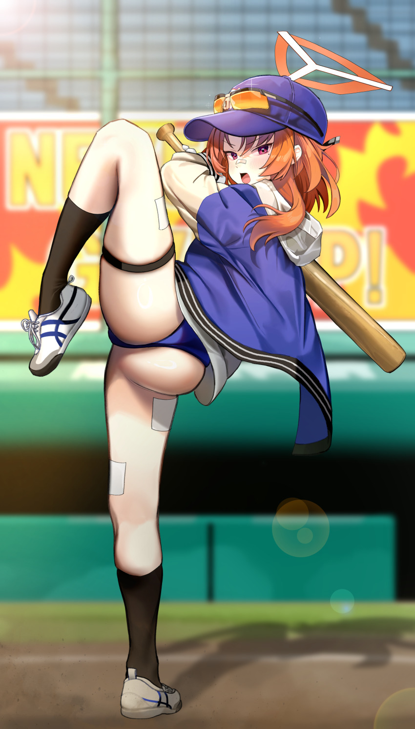 1girl absurdres ass bandaid bandaid_on_face bandaid_on_leg bandaid_on_nose baseball_bat baseball_cap batting_stance black_socks blue_archive blue_jacket blue_panties blush cross-laced_shoes day eyewear_on_headwear fighting_stance full_body halo hat highres holding holding_baseball_bat hood hood_down hooded_jacket hyurumari jacket kneehighs lens_flare long_sleeves looking_at_viewer medium_hair mole mole_under_eye open_mouth orange-tinted_eyewear orange_hair orange_halo outdoors panties red_eyes rei_(blue_archive) shadow shoes sneakers socks solo standing standing_on_one_leg thigh_strap thighs tinted_eyewear tsurime underwear v-shaped_eyebrows white_shoes