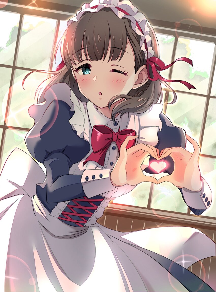 1girl four-finger_heart_hands apron blue_dress blue_eyes blush bow bowtie breasts brown_hair ceiling_light commentary cowboy_shot dot_nose dress dress_bow frilled_apron frills heart heart_hands highres idolmaster idolmaster_cinderella_girls idolmaster_cinderella_girls_starlight_stage indoors juliet_sleeves leaning_forward lens_flare heavy_lens_flare long_sleeves looking_at_viewer maid medium_breasts nanananananasea one_eye_closed parted_lips puffy_sleeves red_bow red_bowtie red_ribbon ribbon sakuma_mayu short_hair smile solo sparkle standing white_apron white_bow white_headdress window