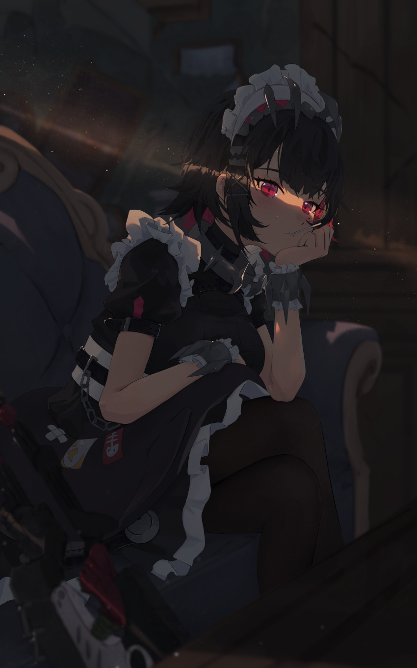 1girl absurdres black_dress black_hair black_pantyhose blush closed_mouth colored_inner_hair commentary_request couch crack_of_light crossed_legs dress eien_001 ellen_joe hand_on_own_chin highres indoors light_particles looking_at_viewer maid_headdress mouth_hold multicolored_hair on_couch pantyhose pink_hair puffy_short_sleeves puffy_sleeves short_hair short_sleeves sitting solo zenless_zone_zero